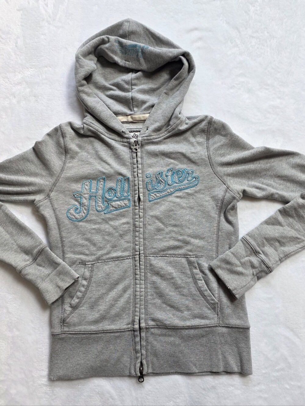 Vintage Y2K Hollister Gray Zip Up Hoodie Large Blue Embroidered Logo
